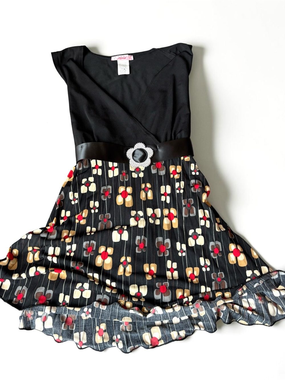 Y2K Crece Floral Faux Wrap Peplum Daisies Top Rhinestone Buckle Made in USA S